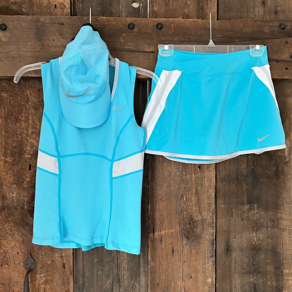 NIKE TENNIS DRI-FIT SET. Aqua. Tank/Skort/Cap. Size S. $30 set.